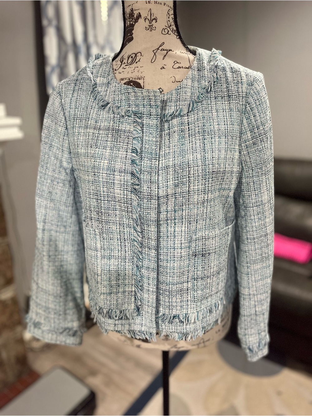 J. Crew Factory Light Blue Tweed Fringe Jacket